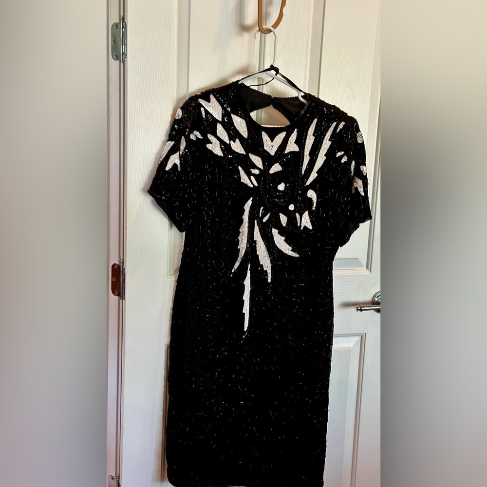Vintage Stenay Plus Size 14 Sequin Cocktail Dress Shoulder Pads 100% Silk
